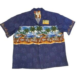 Vintage Ky's Hawaiian Shirt Mens 2XL Motorcycle Palm Tree Floral Beach USA